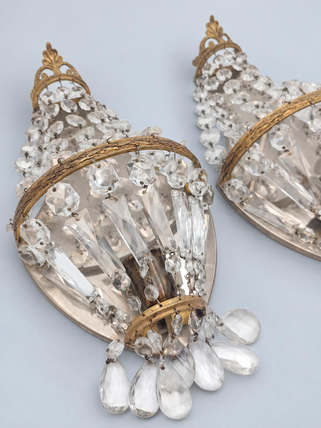 Vintage Pair of Empire Style Beaded Wall Sconces, Gilt Metal Palmette Crest with Faceted Glass Drops, 35 cm
