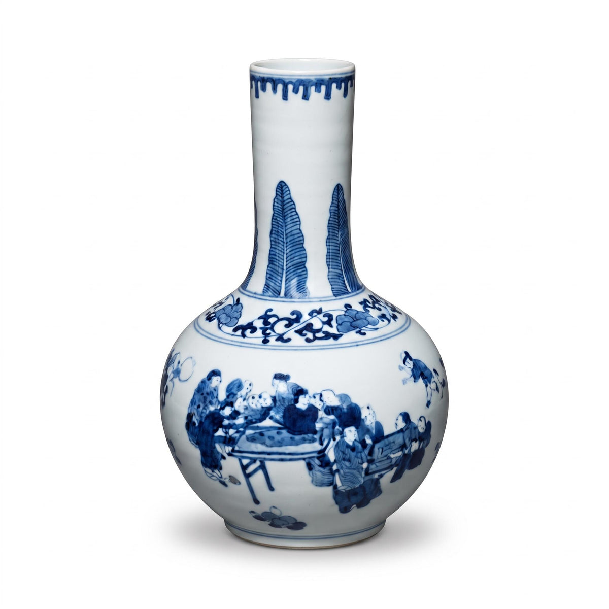 Blue and White Bottle Vase with Figures at Play, Plantain Leaf Neck and Lotus Scroll Shoulder, Chinese Style, 27 cm