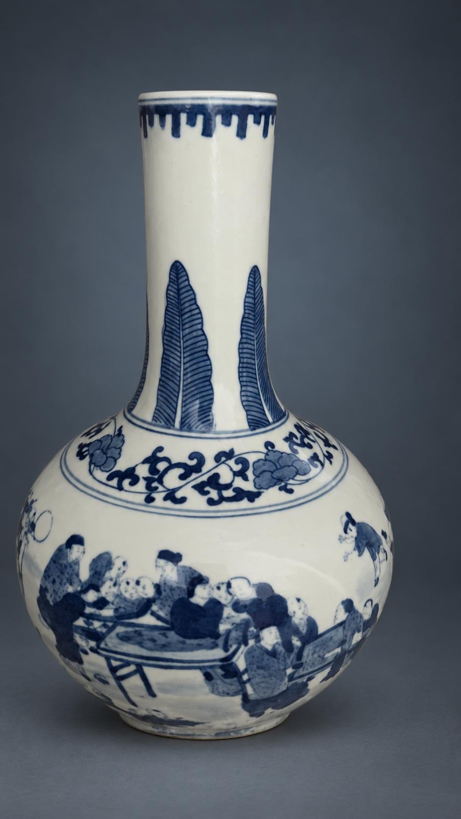 Blue and White Bottle Vase with Figures at Play, Plantain Leaf Neck and Lotus Scroll Shoulder, Chinese Style, 27 cm