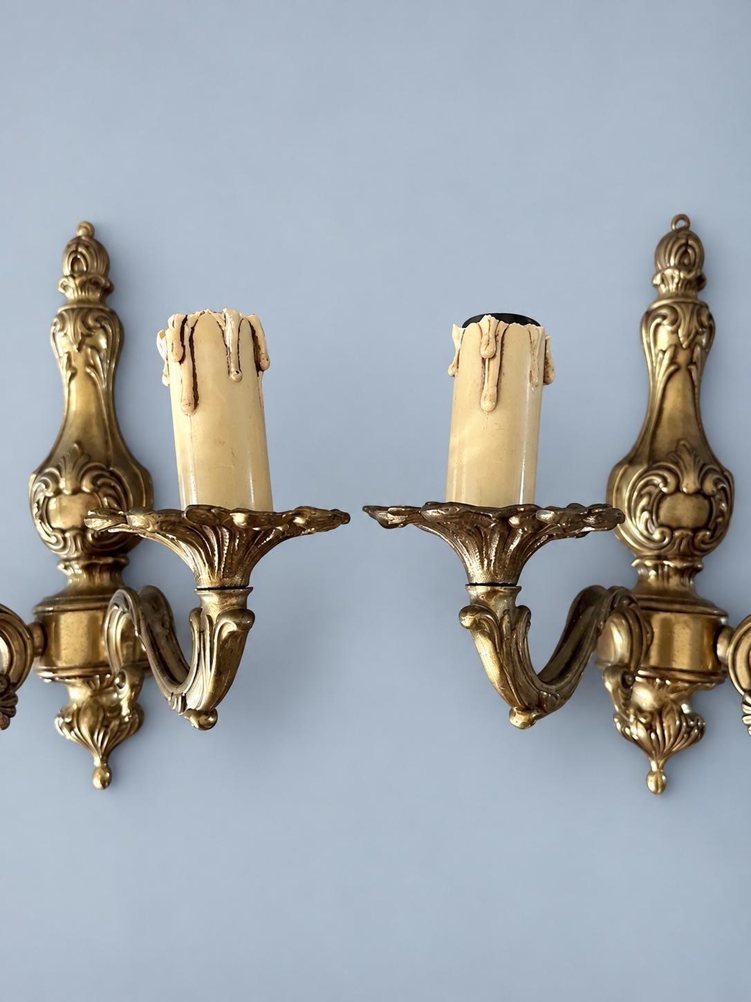 Pair of Vintage Louis XV Style Gilt Metal Wall Sconces, Two Scroll Arms, Leaf Cups and Candle Sleeves