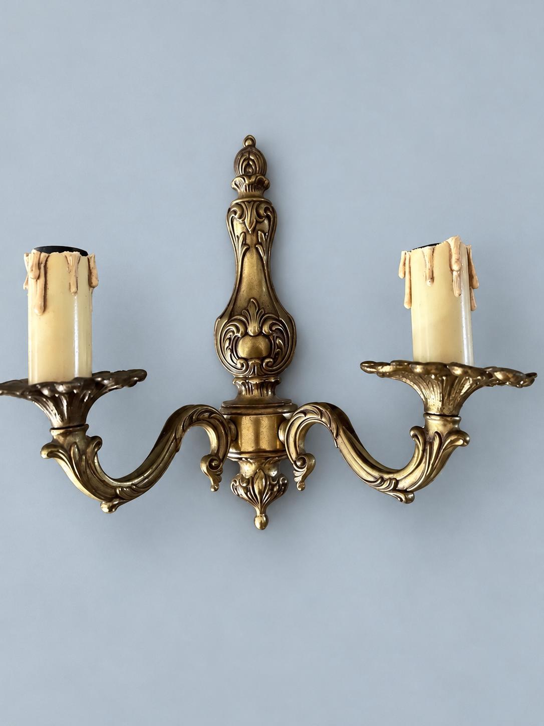 Pair of Vintage Louis XV Style Gilt Metal Wall Sconces, Two Scroll Arms, Leaf Cups and Candle Sleeves