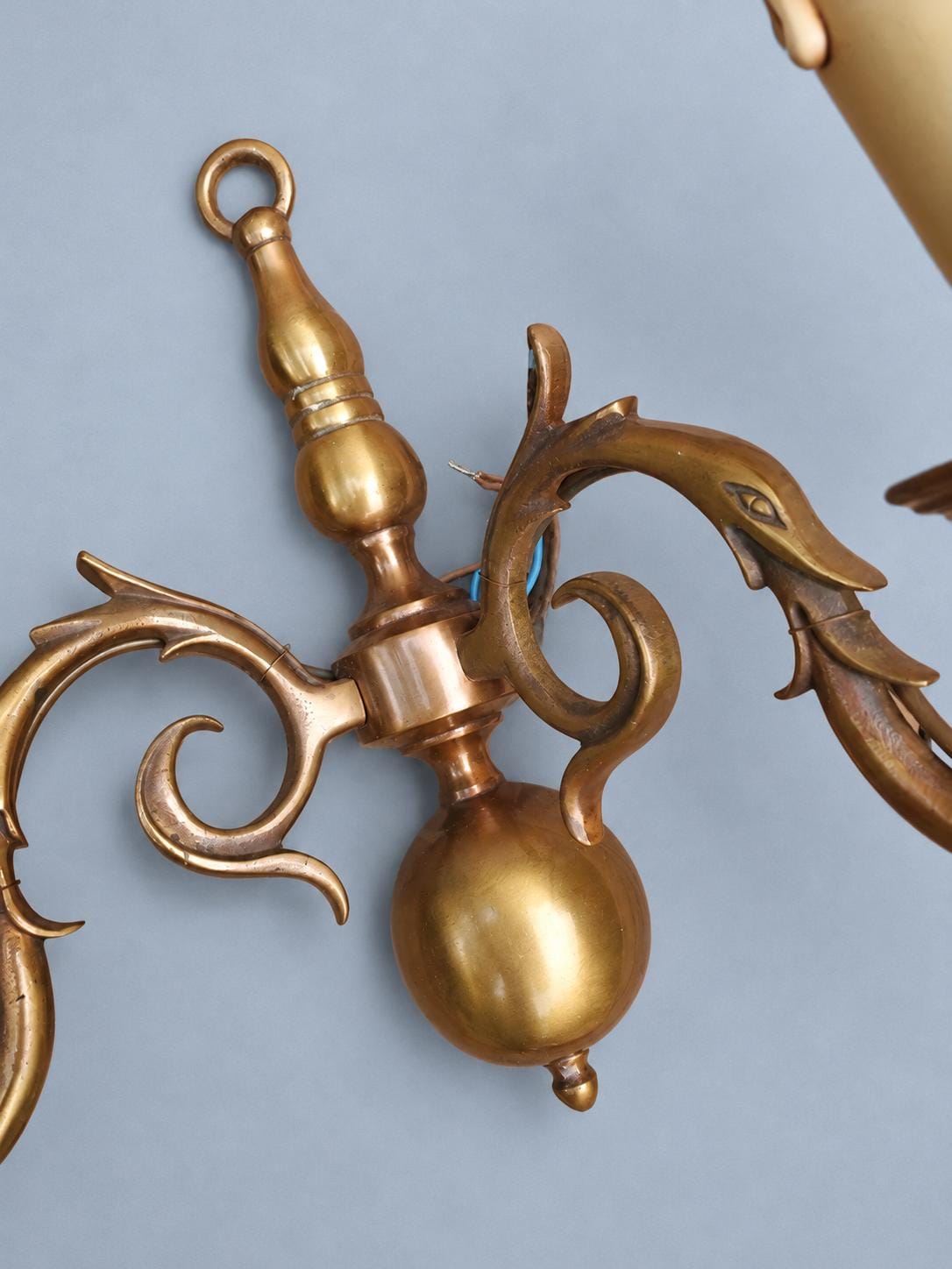 Vintage Pair of Dutch Style Wall Sconces, Gilt Metal Ball Body with Dragon-Head Scroll Arms, Two Candle Lights Each