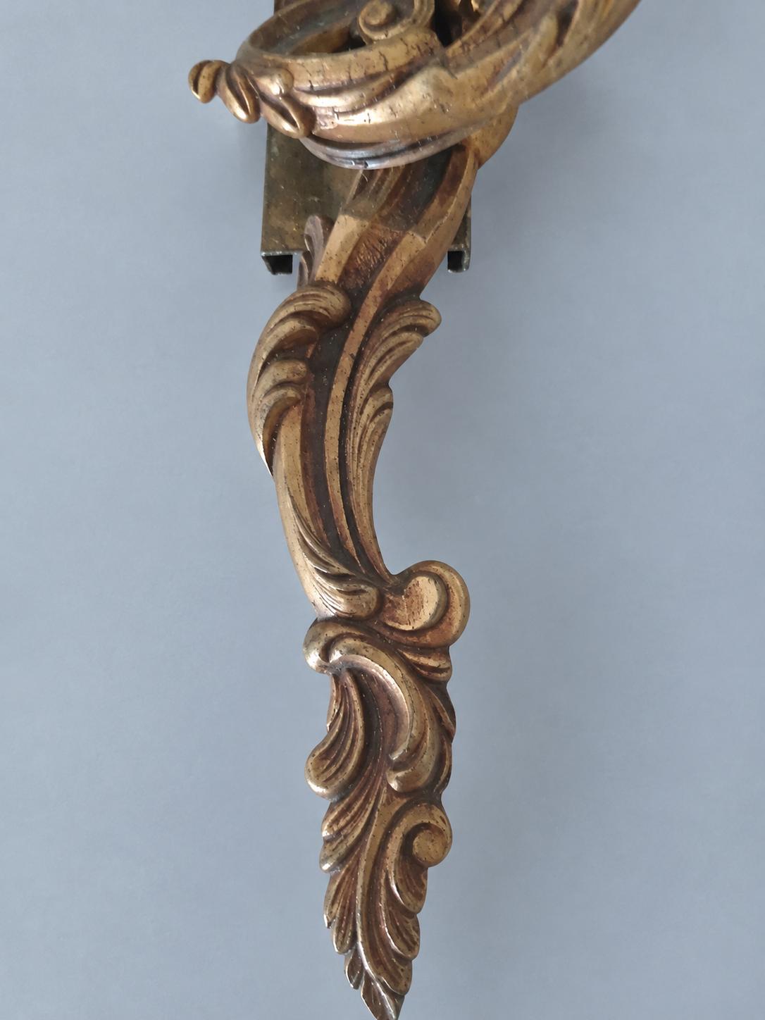 Vintage Pair of Louis XV Rocaille Style Brass Wall Sconces, Mirror-Image Scrolled Arms with Shell Bobèches, Two Lights Each, 37 cm