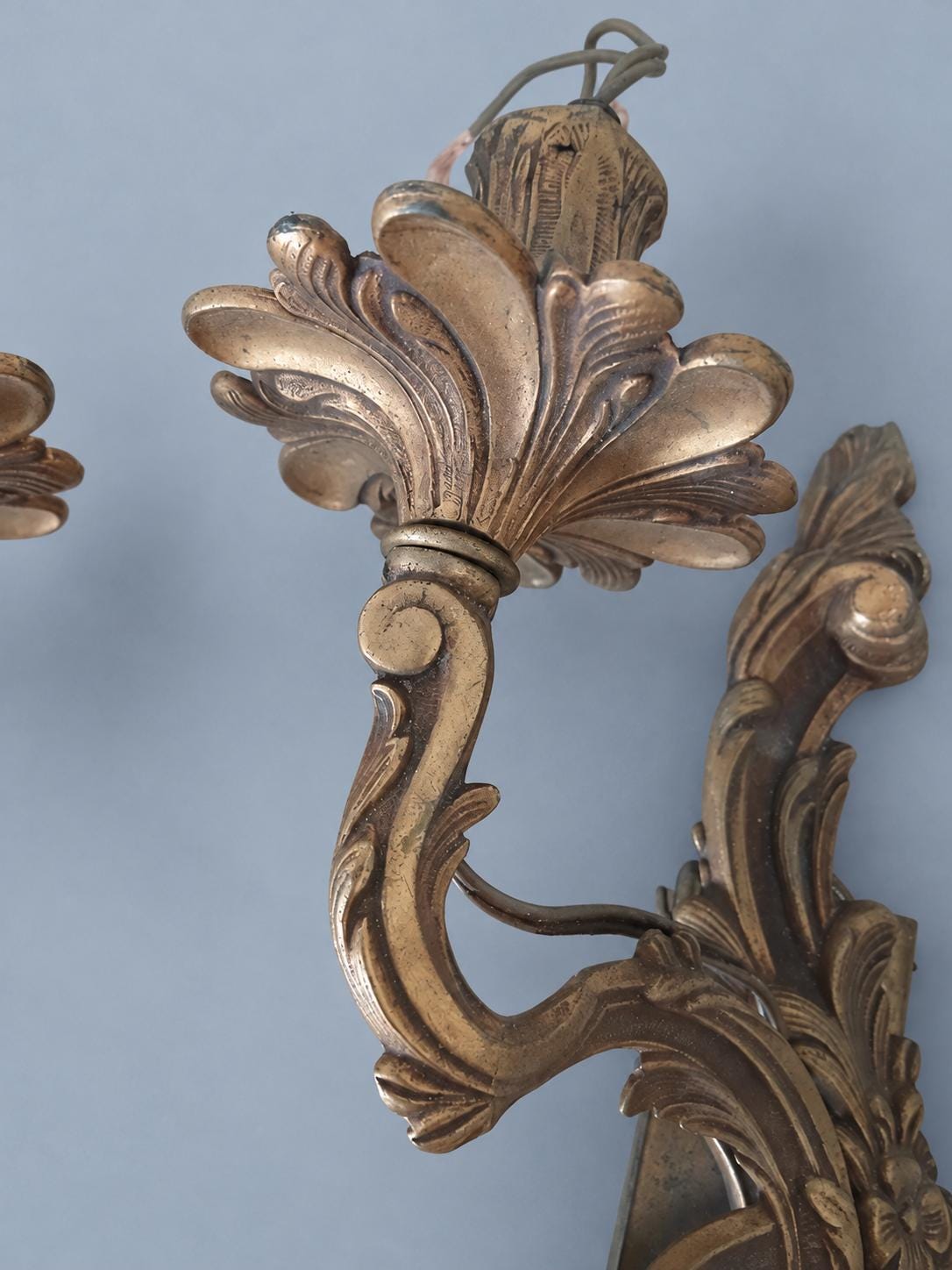 Vintage Pair of Louis XV Rocaille Style Brass Wall Sconces, Mirror-Image Scrolled Arms with Shell Bobèches, Two Lights Each, 37 cm
