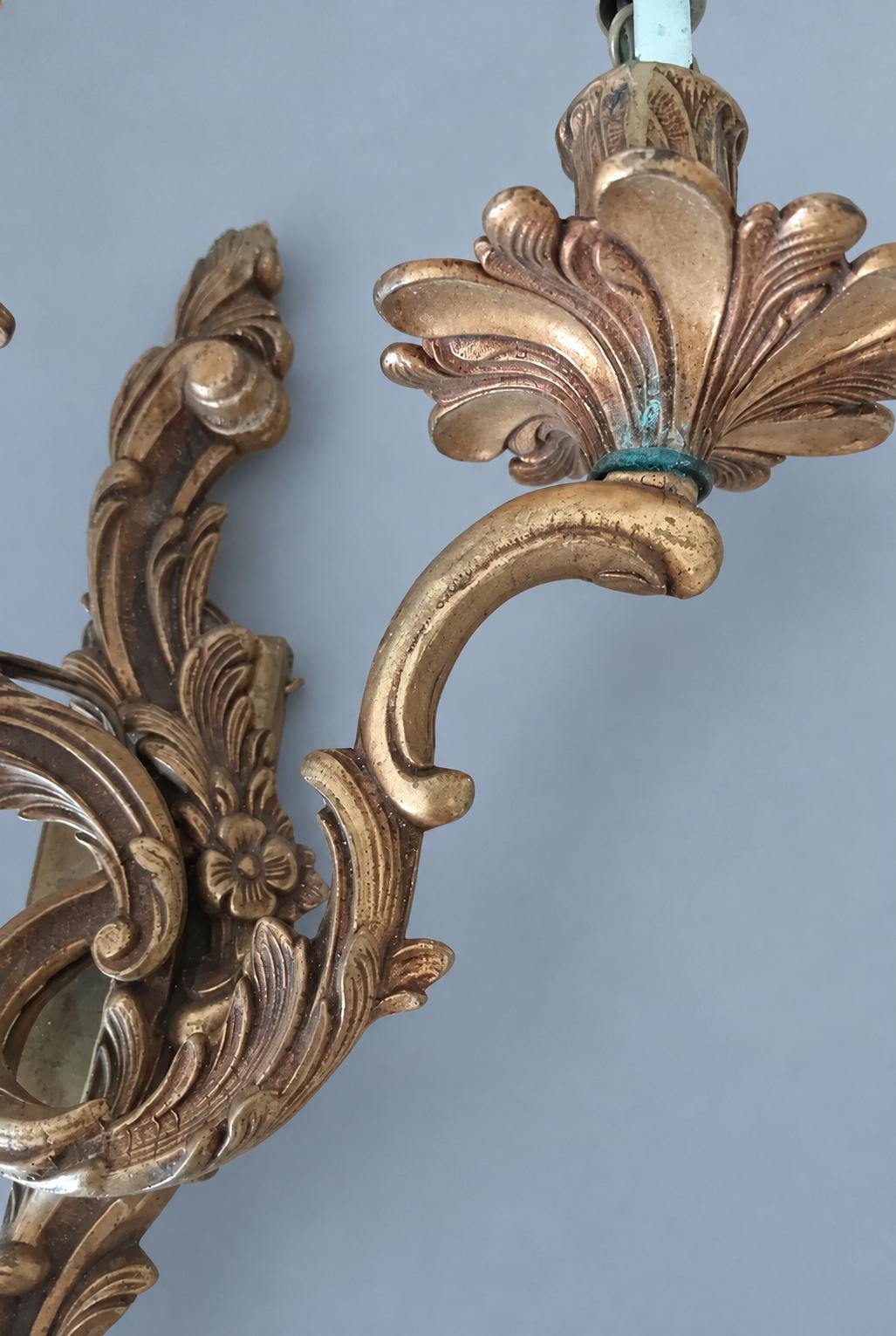 Vintage Pair of Louis XV Rocaille Style Brass Wall Sconces, Mirror-Image Scrolled Arms with Shell Bobèches, Two Lights Each, 37 cm