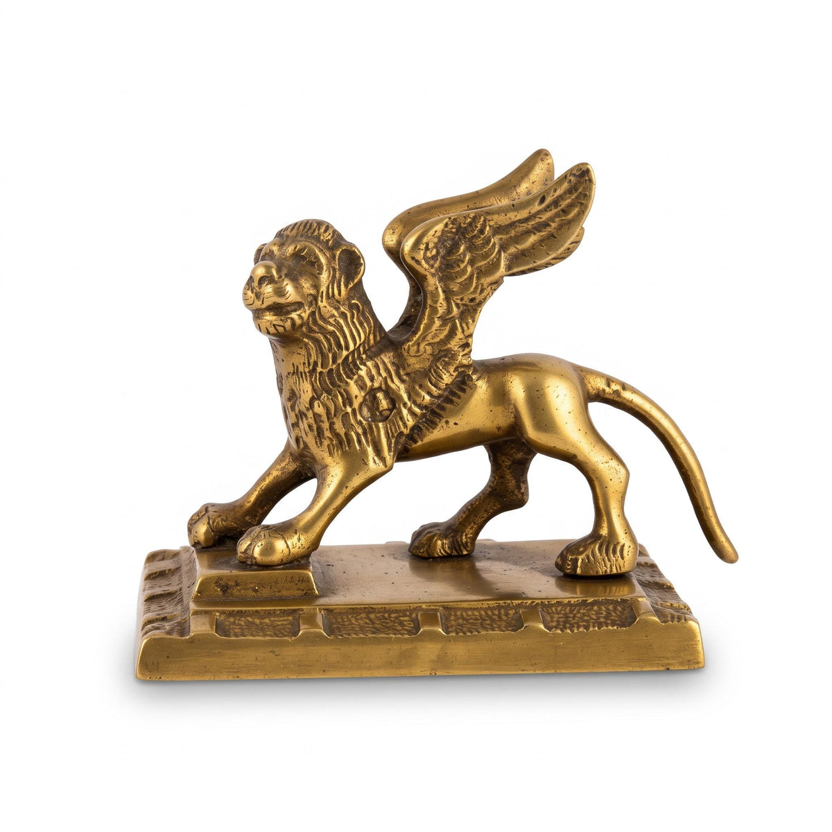 Winged Lion Figure in Patinated Metal on Stepped Base, Lion of Saint Mark Style, Desk Ornament or Paperweight