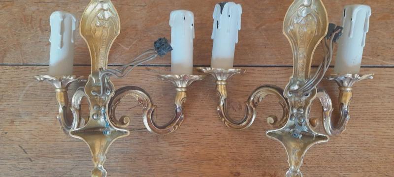 Vintage Pair of Louis XV Rocaille Style Gilt Metal Wall Sconces, Scrolls and Foliage, Two Candle Lights Each, 26 cm
