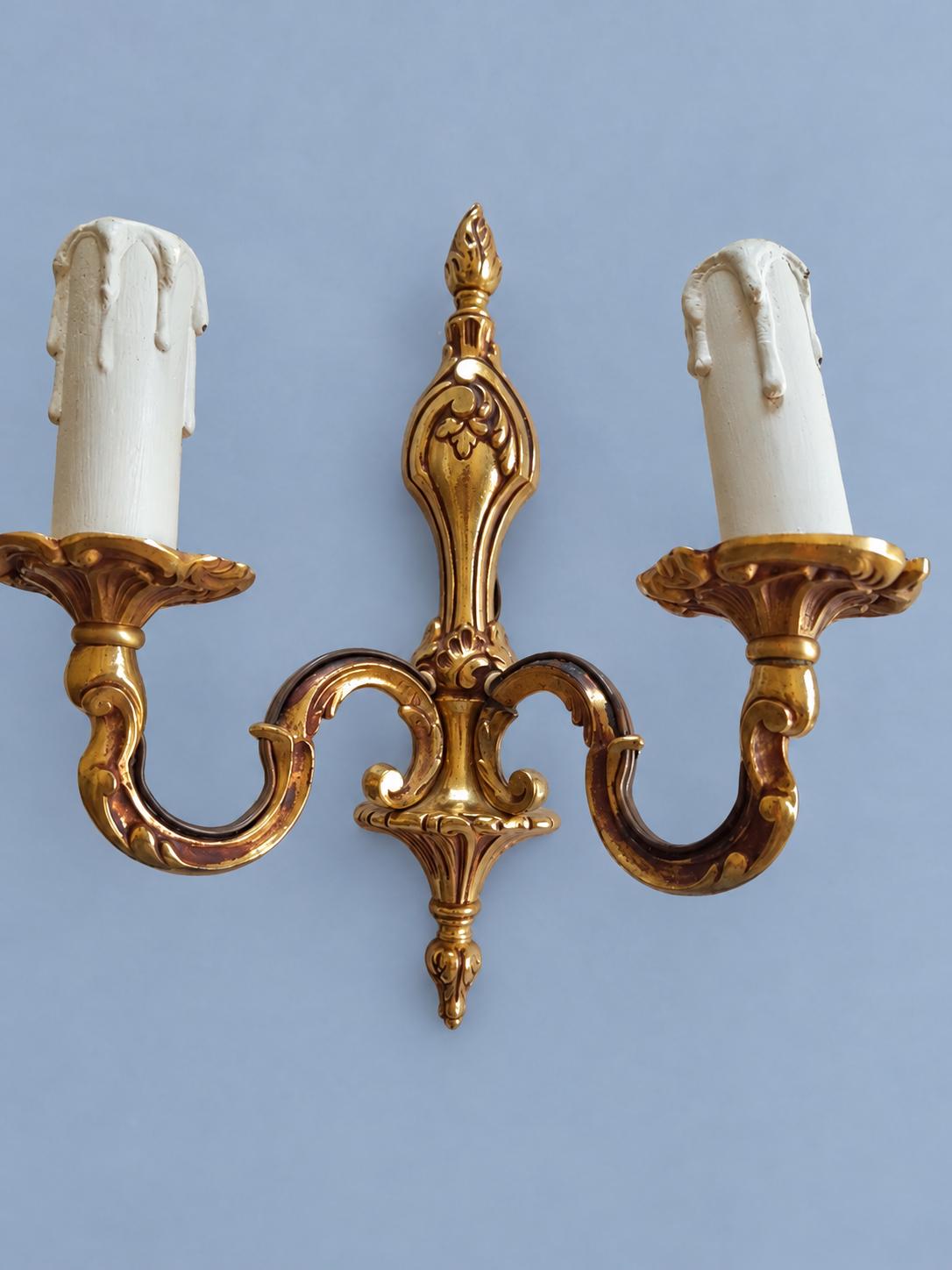 Vintage Pair of Louis XV Rocaille Style Gilt Metal Wall Sconces, Scrolls and Foliage, Two Candle Lights Each, 26 cm