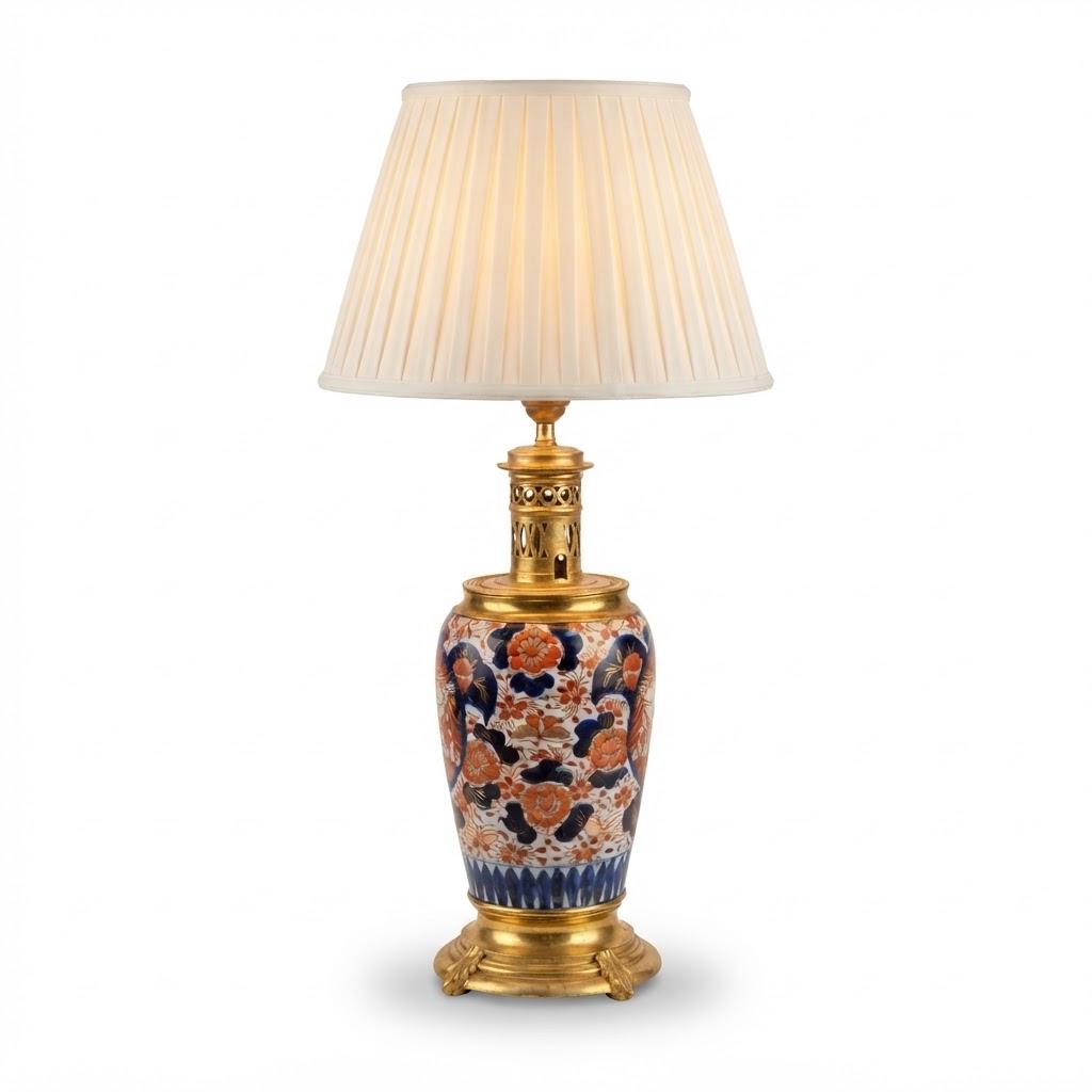 Imari Palette Ceramic Vase Lamp in Gilt Metal Mounts, Pierced Gallery Collar and Scroll-Foot Base, 45 cm
