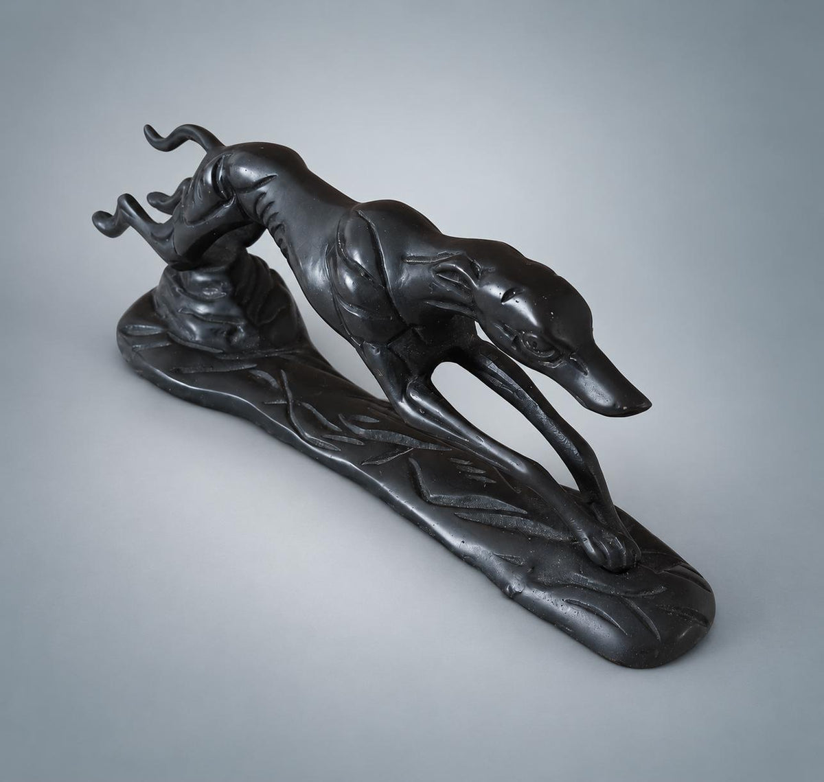 Art Deco Style Running Greyhound Figure, Black Patinated Metal on Naturalistic Base, Desk Sculpture