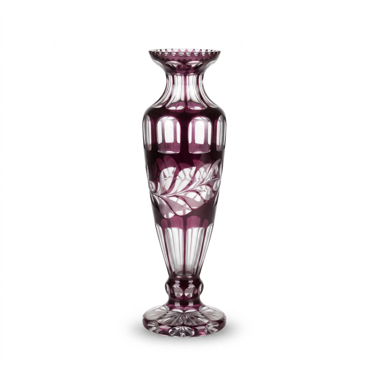 Amethyst Cut-to-Clear Glass Vase, Engraved Leaf Branch and Window Cuts, Sawtooth Rim, Bohemian Style, 26.5 cm
