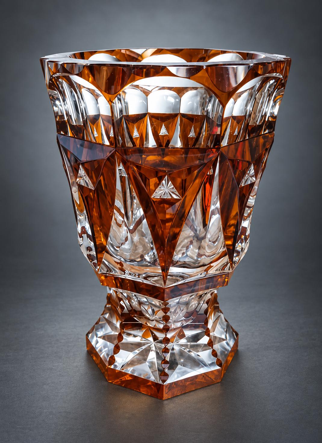Art Deco Style Amber Cut-to-Clear Glass Vase, Heavy Geometric Cutting with Star Points, Hexagonal Foot
