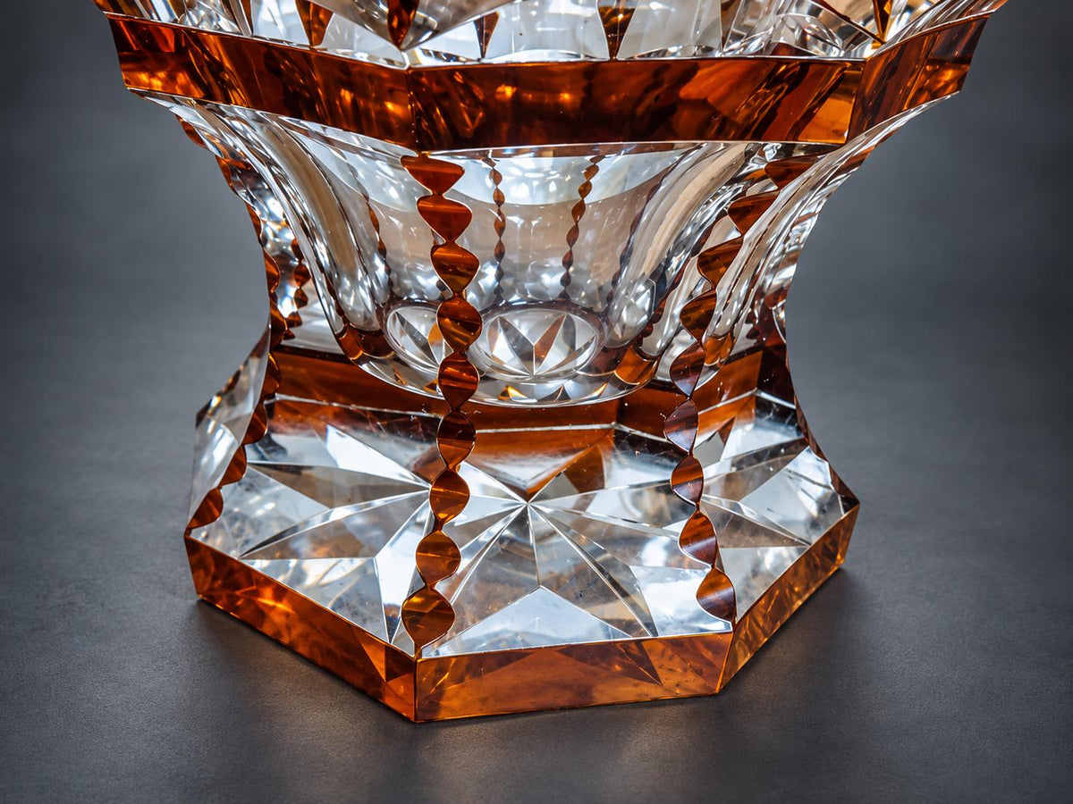 Art Deco Style Amber Cut-to-Clear Glass Vase, Heavy Geometric Cutting with Star Points, Hexagonal Foot