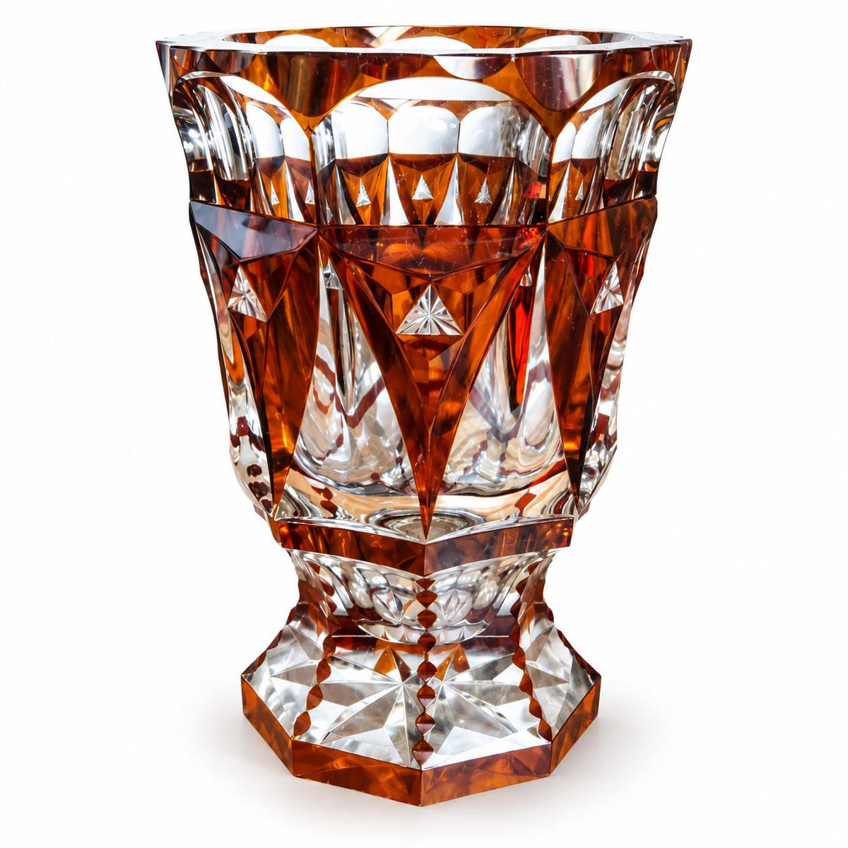 Art Deco Style Amber Cut-to-Clear Glass Vase, Heavy Geometric Cutting with Star Points, Hexagonal Foot