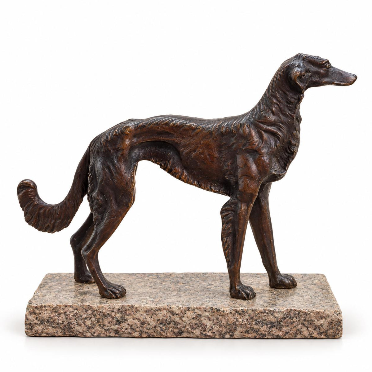Standing Borzoi Figure in Brown Patinated Metal on Speckled Rectangular Base, Animalier Style Dog Sculpture