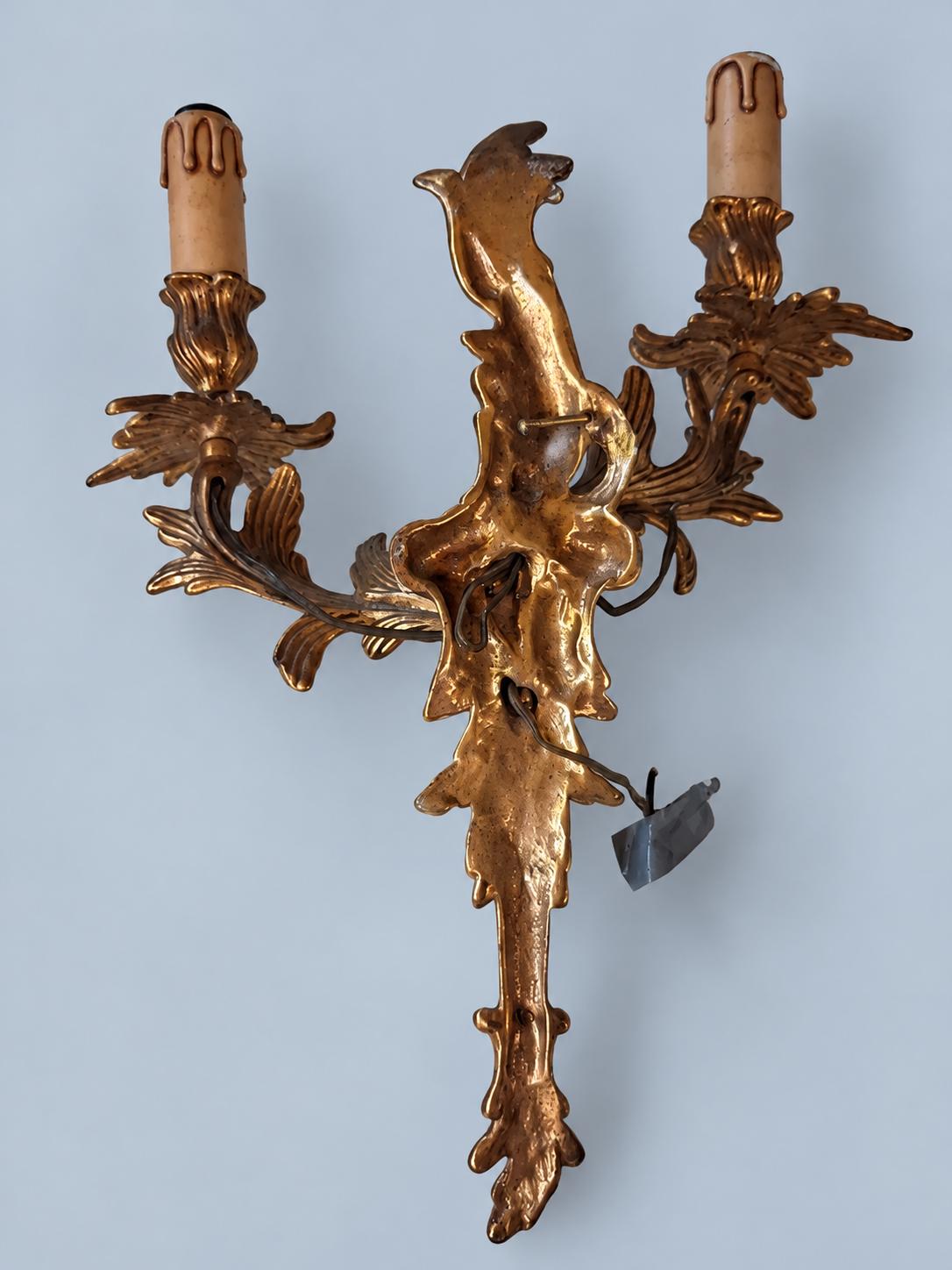 Vintage Pair of Louis XV Rocaille Style Gilt Metal Wall Sconces, Leafy Scrolls with Flower Bobèches, Two Candle Lights Each, 44 cm