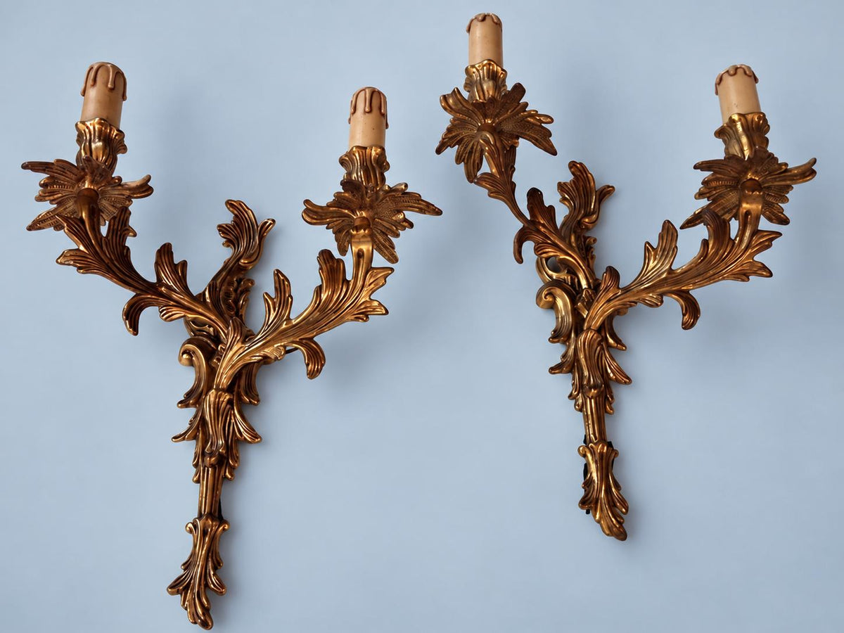 Vintage Pair of Louis XV Rocaille Style Gilt Metal Wall Sconces, Leafy Scrolls with Flower Bobèches, Two Candle Lights Each, 44 cm