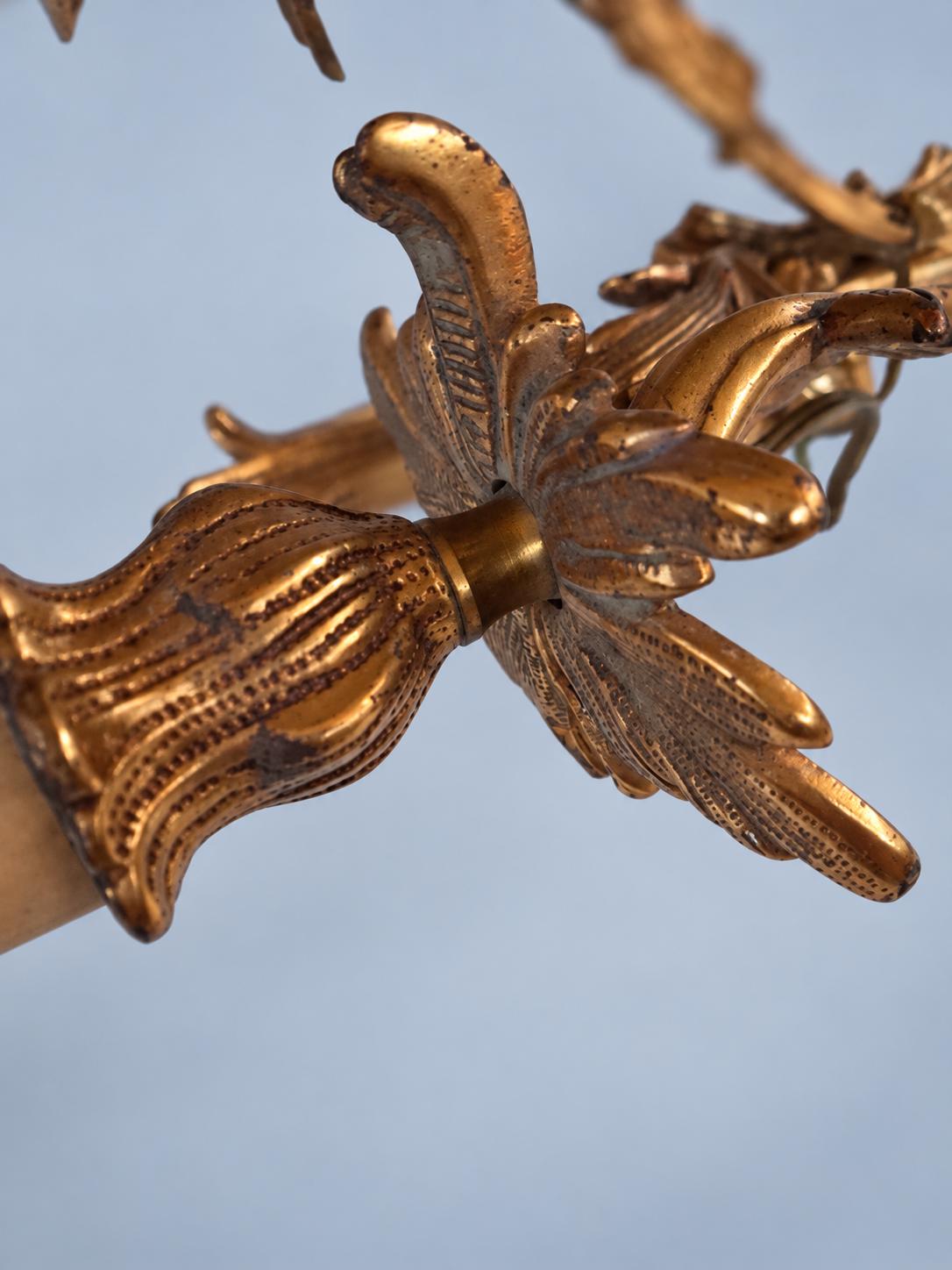Vintage Pair of Louis XV Rocaille Style Gilt Metal Wall Sconces, Leafy Scrolls with Flower Bobèches, Two Candle Lights Each, 44 cm