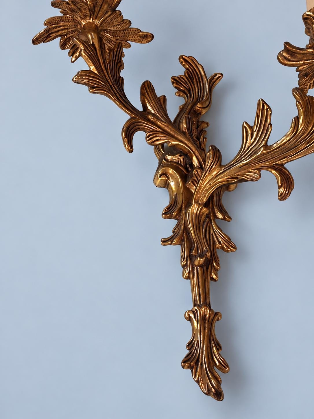 Vintage Pair of Louis XV Rocaille Style Gilt Metal Wall Sconces, Leafy Scrolls with Flower Bobèches, Two Candle Lights Each, 44 cm