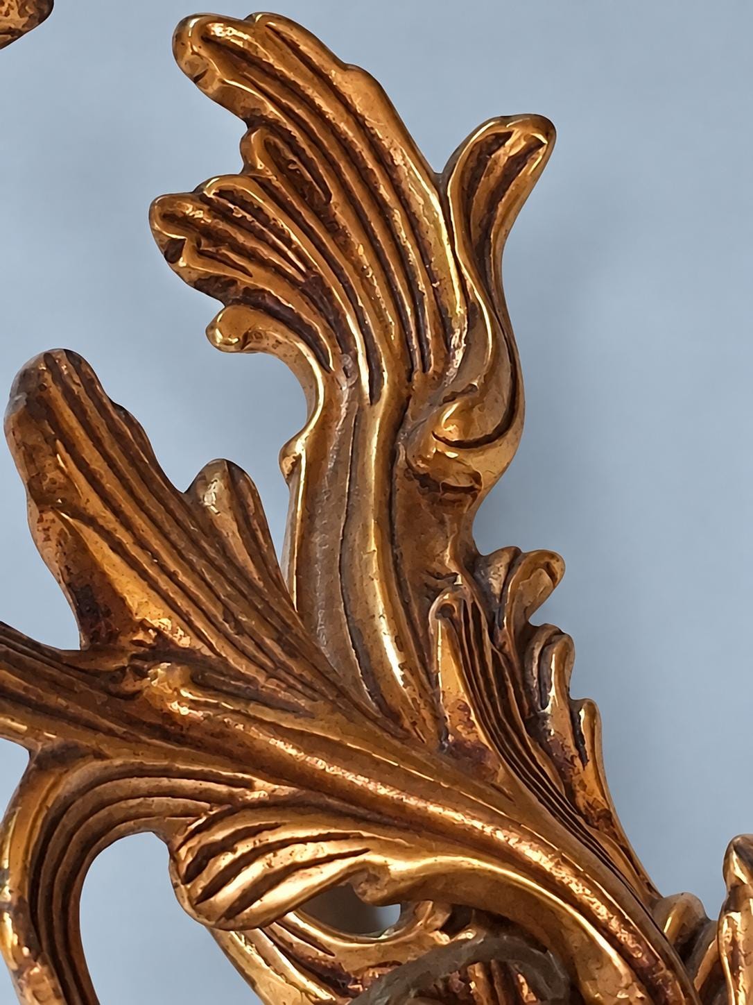 Vintage Pair of Louis XV Rocaille Style Gilt Metal Wall Sconces, Leafy Scrolls with Flower Bobèches, Two Candle Lights Each, 44 cm