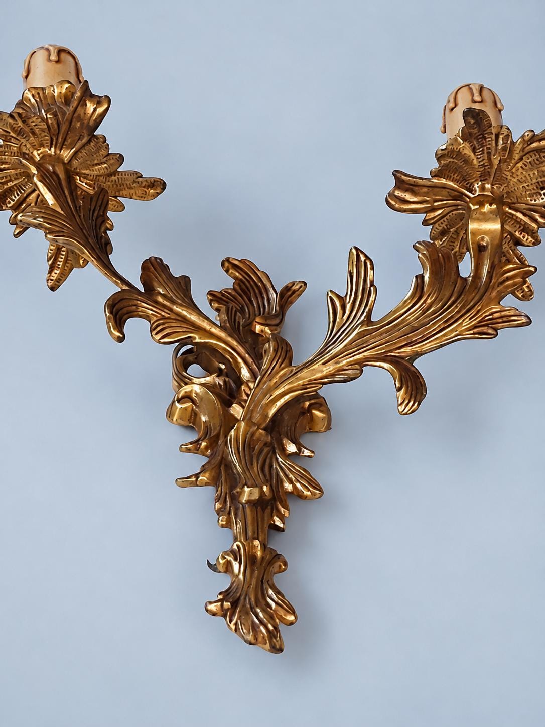 Vintage Pair of Louis XV Rocaille Style Gilt Metal Wall Sconces, Leafy Scrolls with Flower Bobèches, Two Candle Lights Each, 44 cm