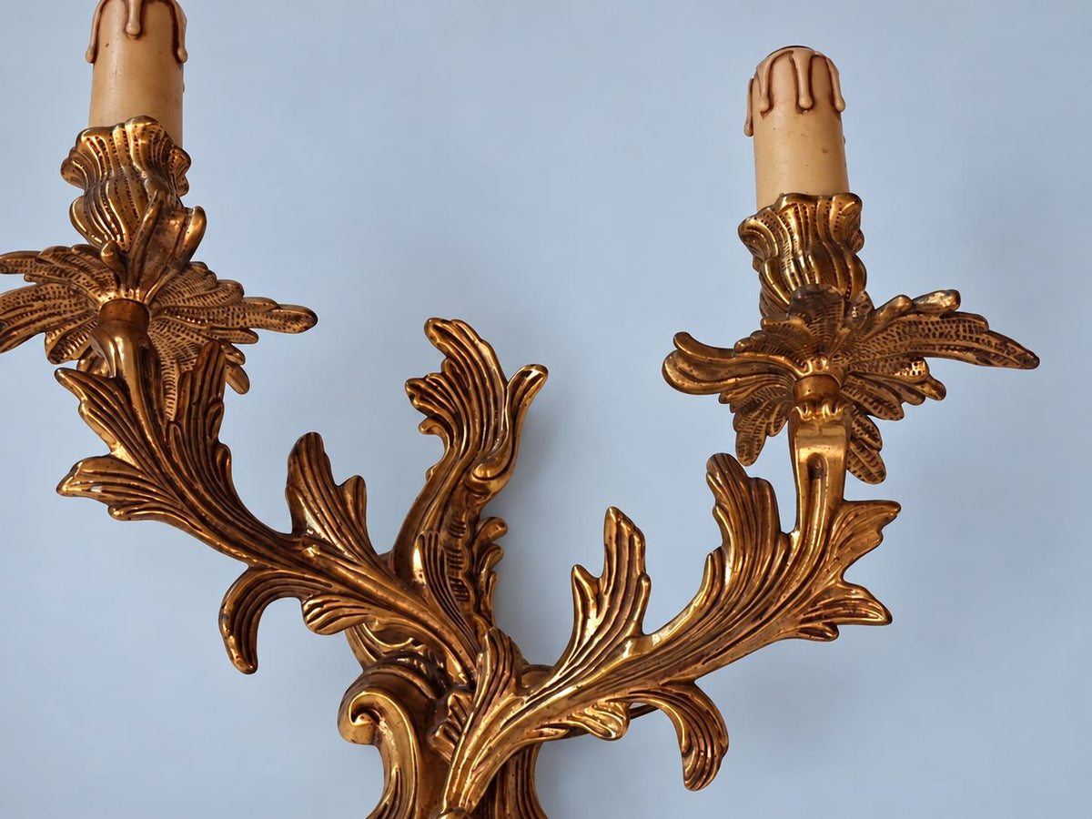 Vintage Pair of Louis XV Rocaille Style Gilt Metal Wall Sconces, Leafy Scrolls with Flower Bobèches, Two Candle Lights Each, 44 cm