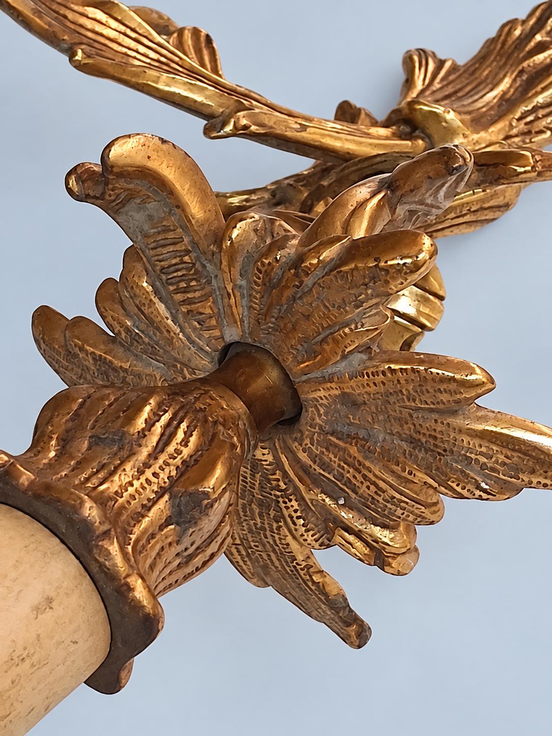 Vintage Pair of Louis XV Rocaille Style Gilt Metal Wall Sconces, Leafy Scrolls with Flower Bobèches, Two Candle Lights Each, 44 cm