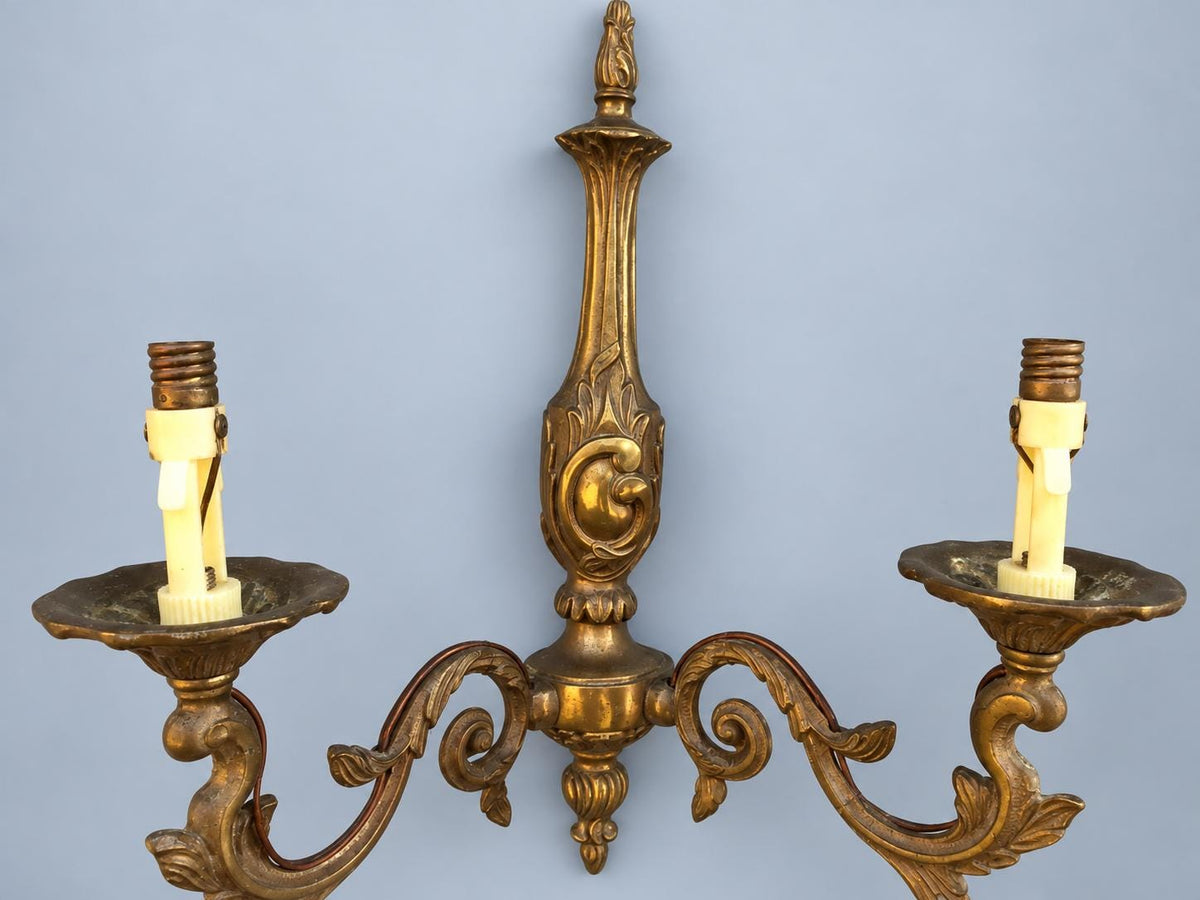 Vintage Pair of Louis XV Style Wall Sconces, Patinated Metal Baluster Body with Flame Finial, Two Candle Lights Each, 31 cm