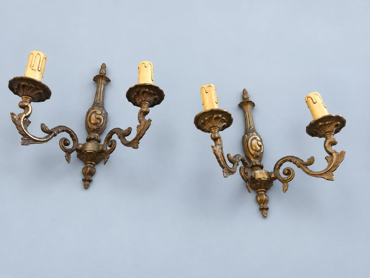 Vintage Pair of Louis XV Style Wall Sconces, Patinated Metal Baluster Body with Flame Finial, Two Candle Lights Each, 31 cm