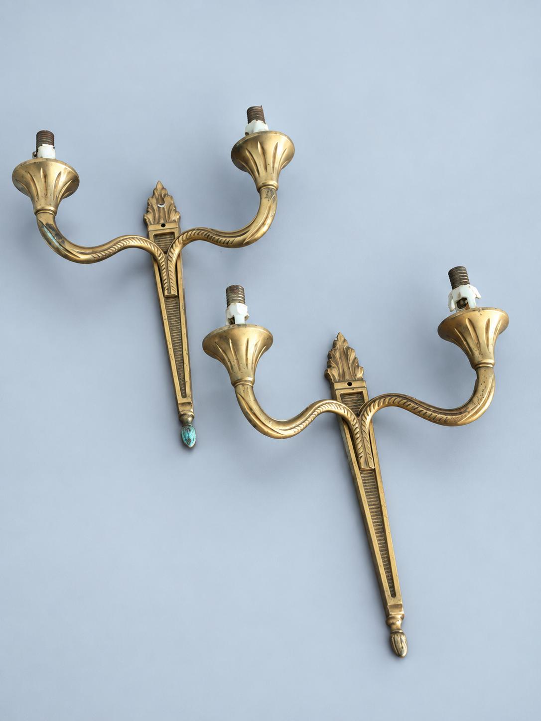Vintage Pair of Louis XVI Style Wall Sconces, Tapering Fluted Backplates with Rope-Twist Arms, Two Lights Each, 25 cm