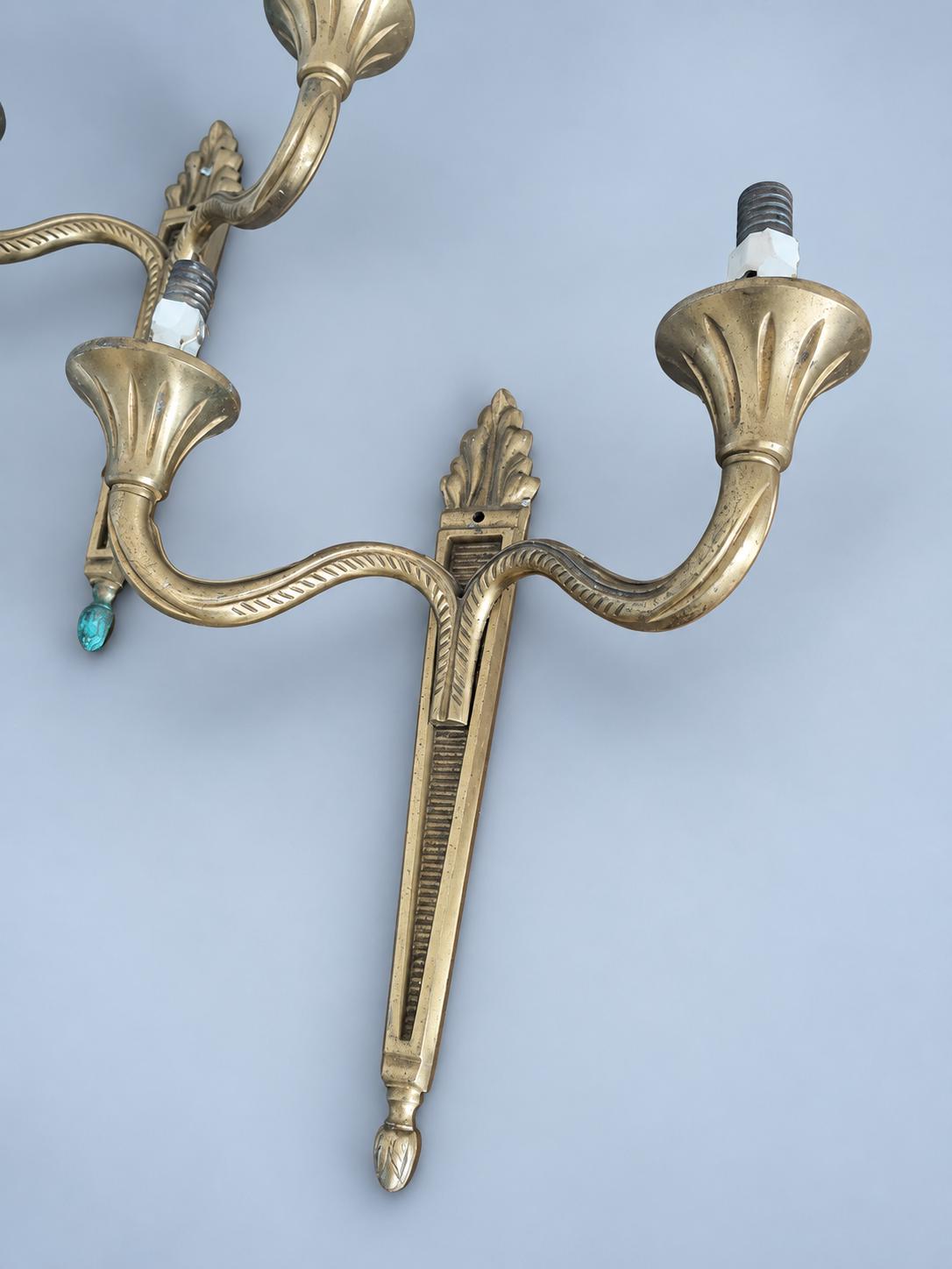 Vintage Pair of Louis XVI Style Wall Sconces, Tapering Fluted Backplates with Rope-Twist Arms, Two Lights Each, 25 cm
