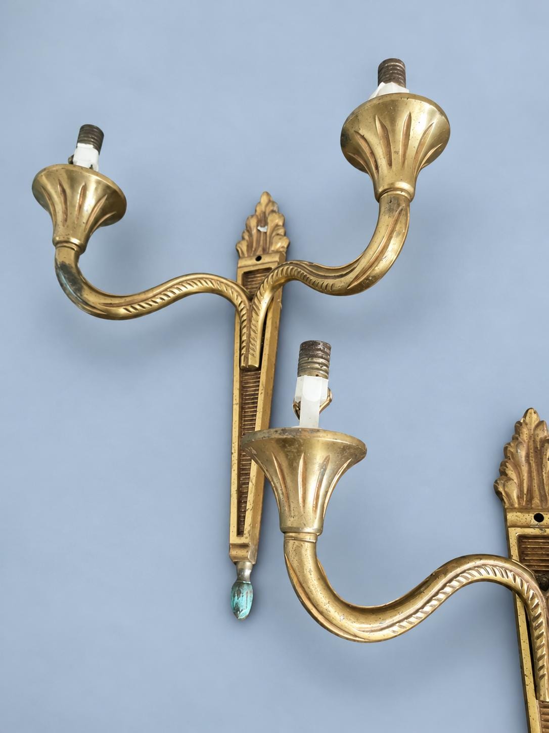 Vintage Pair of Louis XVI Style Wall Sconces, Tapering Fluted Backplates with Rope-Twist Arms, Two Lights Each, 25 cm