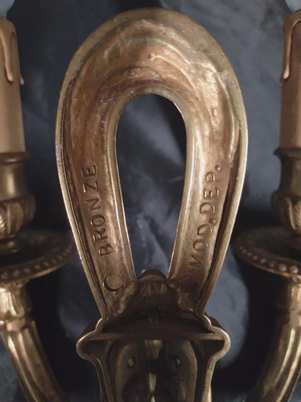 Pair of Vintage Louis XVI Style Wall Sconces, Open Loop Backplates, Ribbon Relief, Marked Bronze