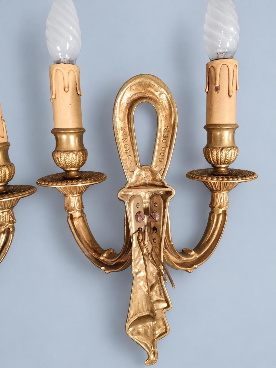 Pair of Vintage Louis XVI Style Wall Sconces, Open Loop Backplates, Ribbon Relief, Marked Bronze