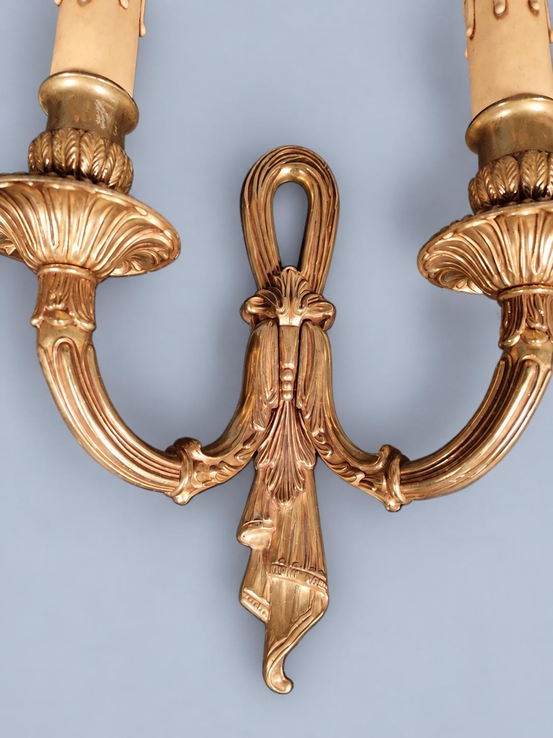 Pair of Vintage Louis XVI Style Wall Sconces, Open Loop Backplates, Ribbon Relief, Marked Bronze