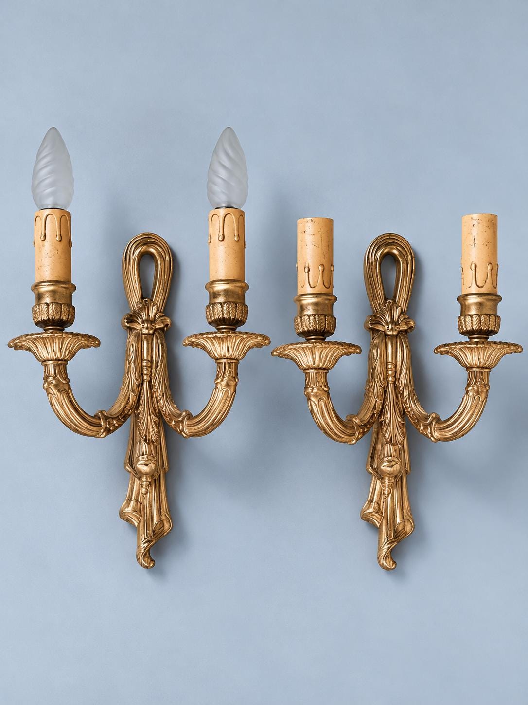 Pair of Vintage Louis XVI Style Wall Sconces, Open Loop Backplates, Ribbon Relief, Marked Bronze