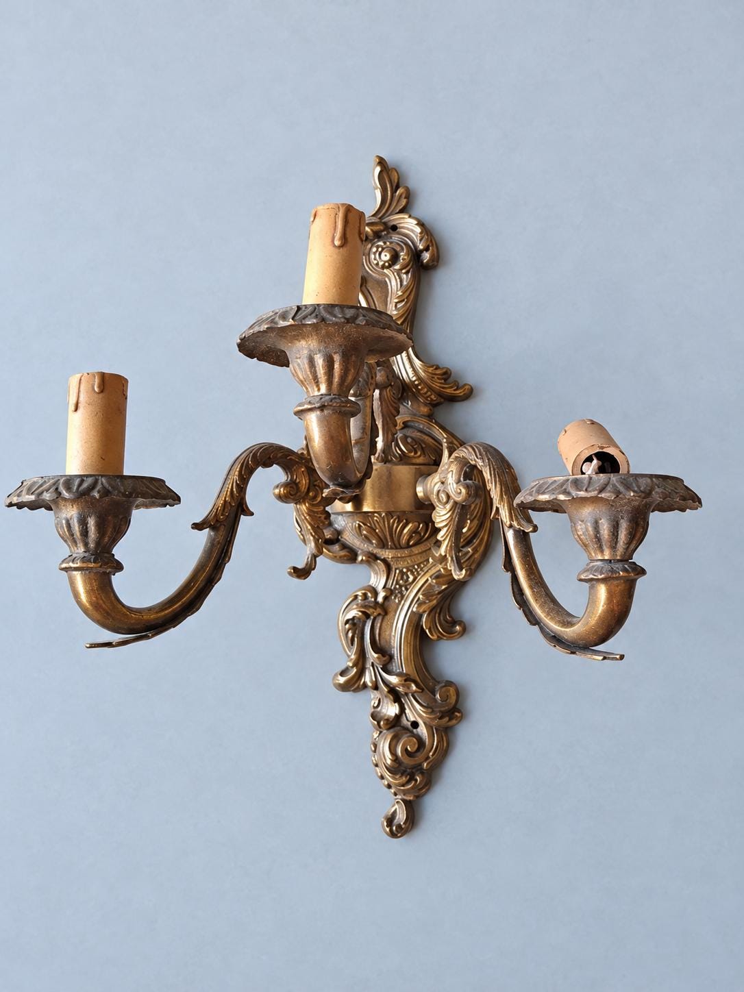 Vintage Three-Light Rococo Style Wall Sconce, Gilt Metal Cartouche Backplate with Scrolled Arms, Candle Lights, 40 cm
