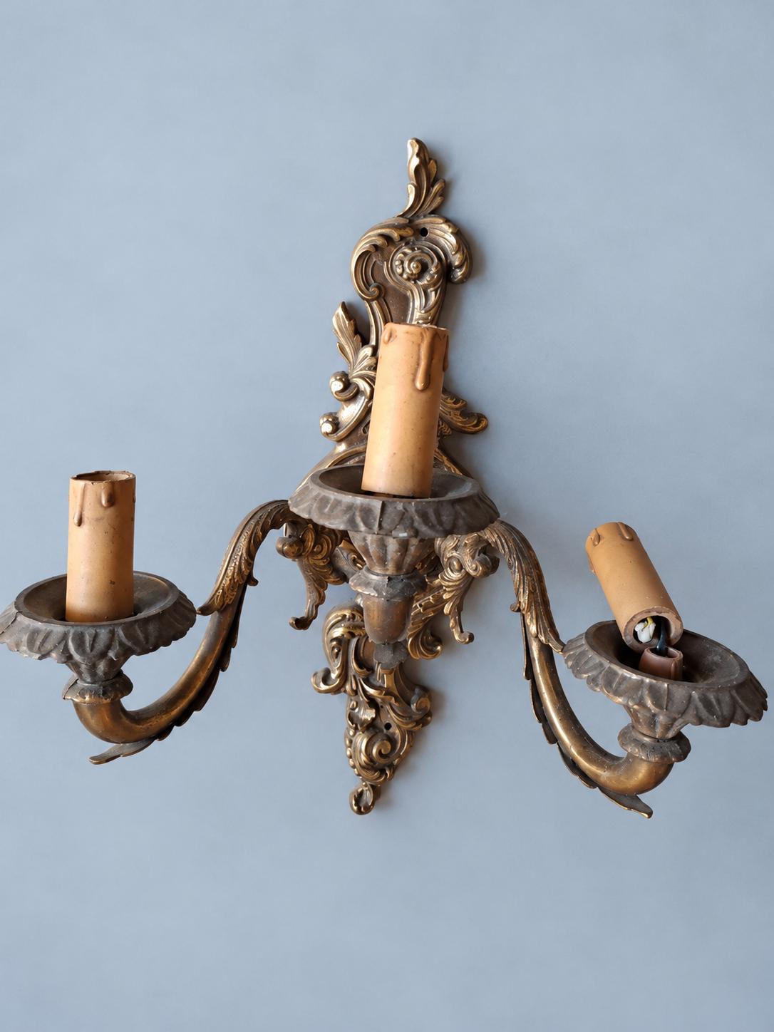 Vintage Three-Light Rococo Style Wall Sconce, Gilt Metal Cartouche Backplate with Scrolled Arms, Candle Lights, 40 cm
