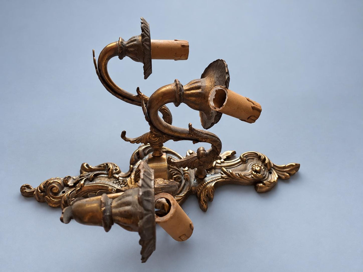 Vintage Three-Light Rococo Style Wall Sconce, Gilt Metal Cartouche Backplate with Scrolled Arms, Candle Lights, 40 cm