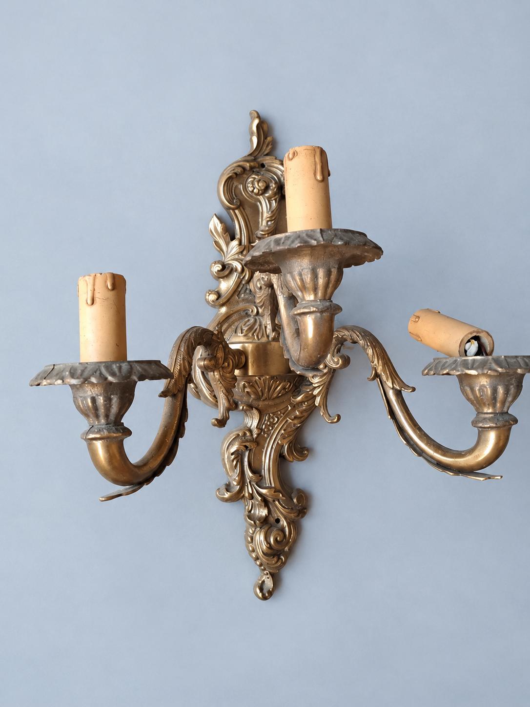 Vintage Three-Light Rococo Style Wall Sconce, Gilt Metal Cartouche Backplate with Scrolled Arms, Candle Lights, 40 cm