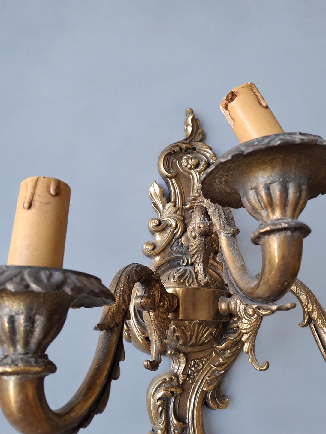 Vintage Three-Light Rococo Style Wall Sconce, Gilt Metal Cartouche Backplate with Scrolled Arms, Candle Lights, 40 cm