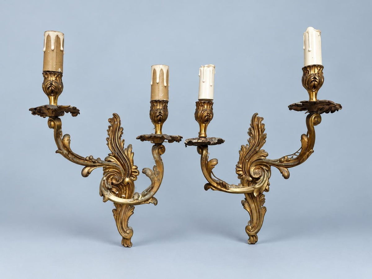 Vintage Mirror-Image Pair of Louis XV Rocaille Style Wall Sconces, Attributed 19th Century, Gilt Metal Acanthus, Two Candle Lights Each
