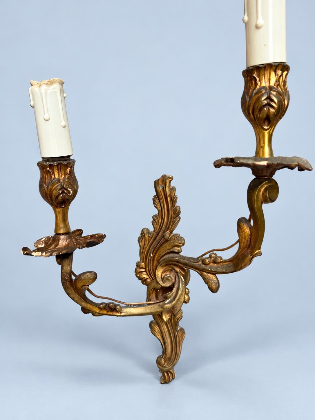 Vintage Mirror-Image Pair of Louis XV Rocaille Style Wall Sconces, Attributed 19th Century, Gilt Metal Acanthus, Two Candle Lights Each
