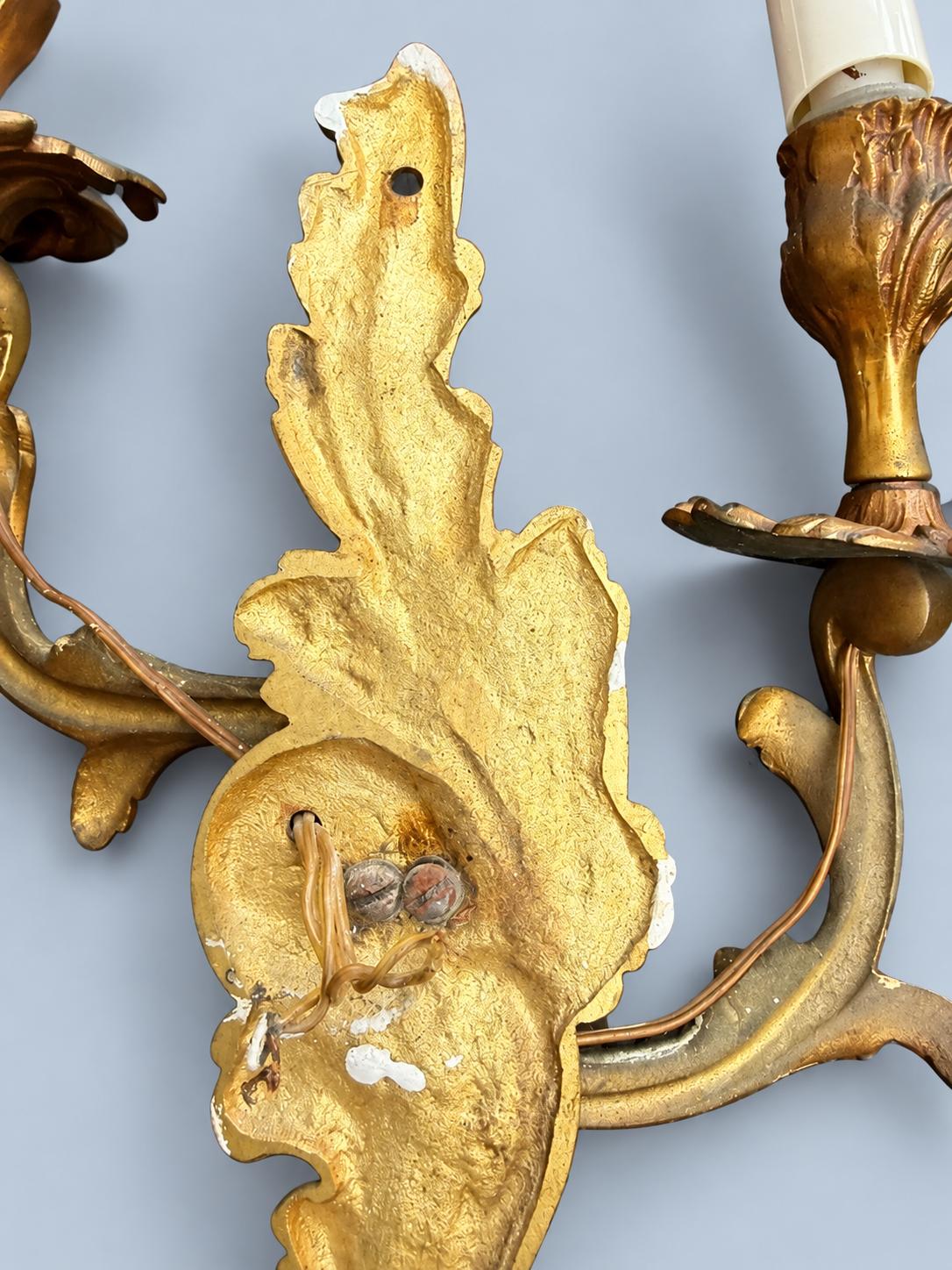 Vintage Mirror-Image Pair of Louis XV Rocaille Style Wall Sconces, Attributed 19th Century, Gilt Metal Acanthus, Two Candle Lights Each