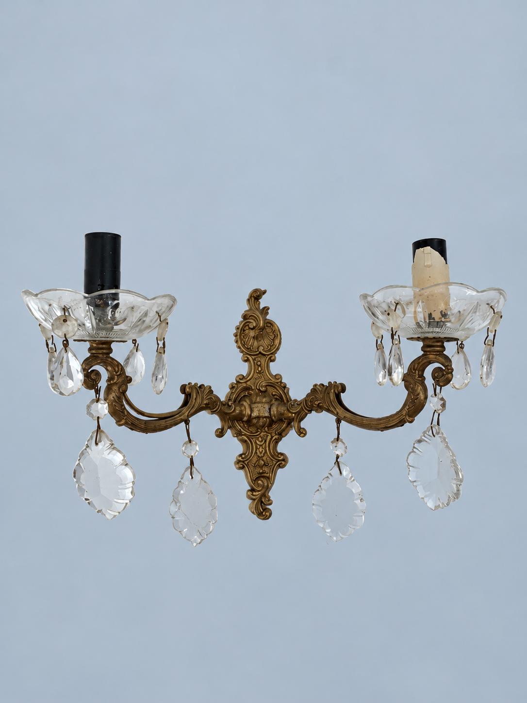Vintage Brass Wall Sconce with Glass Bobèches and Faceted Glass Drops, Rococo Style Scrolled Backplate, Two Lights, 32 cm