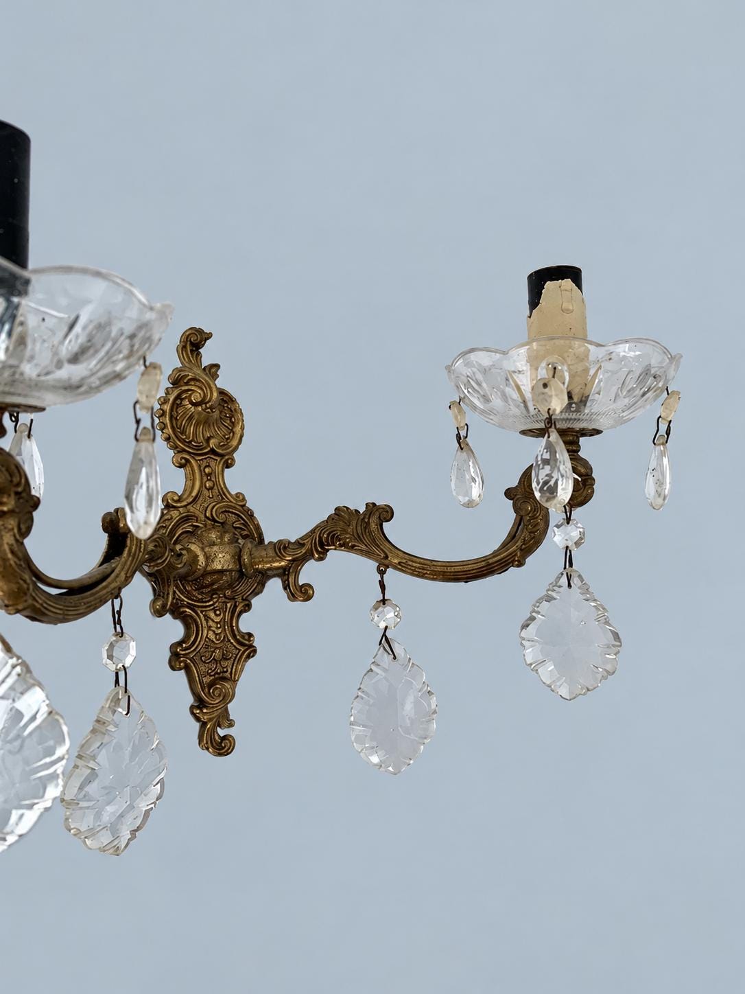 Vintage Brass Wall Sconce with Glass Bobèches and Faceted Glass Drops, Rococo Style Scrolled Backplate, Two Lights, 32 cm