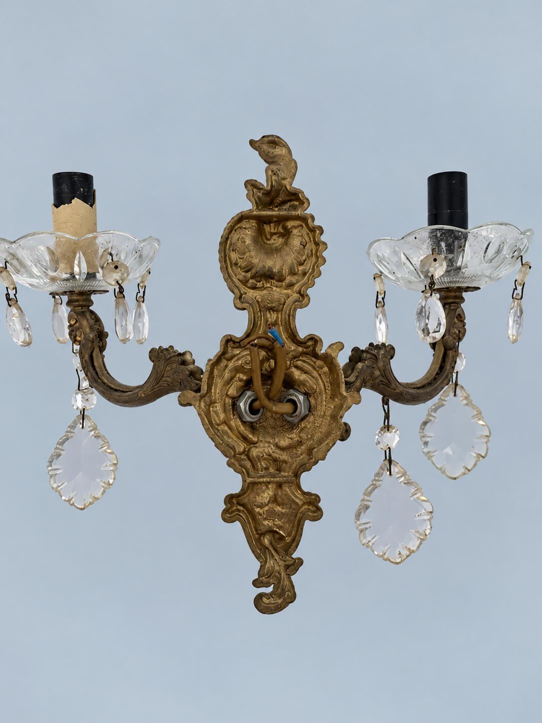 Vintage Brass Wall Sconce with Glass Bobèches and Faceted Glass Drops, Rococo Style Scrolled Backplate, Two Lights, 32 cm