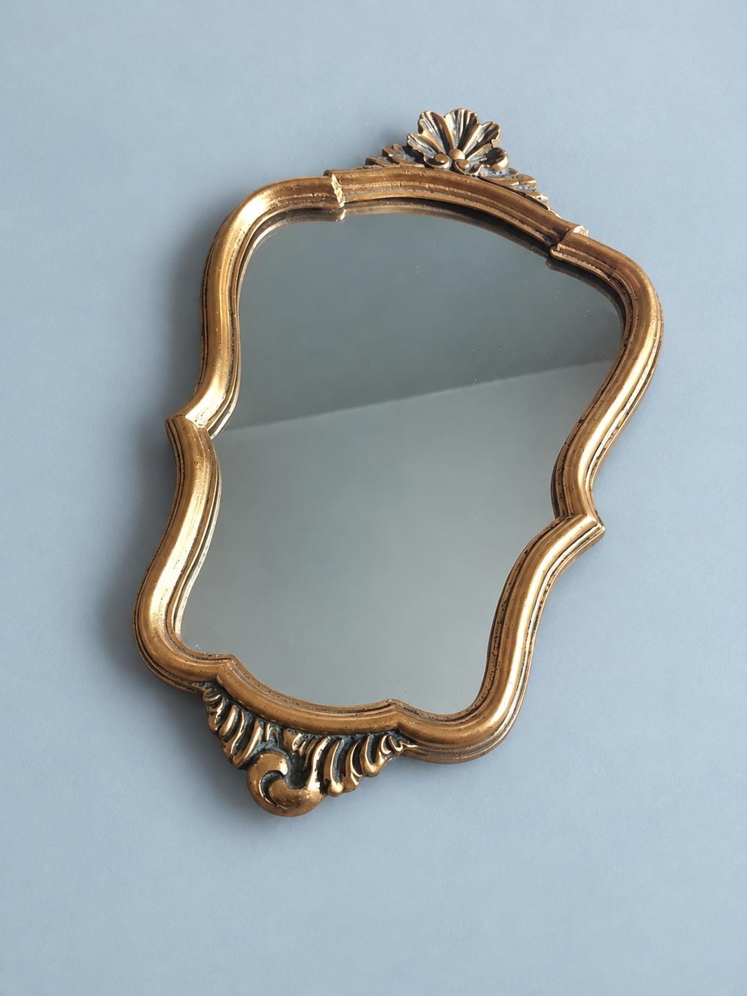 Vintage Small Rococo Style Wall Mirror, Shaped Gold-Tone Frame with Shell Crest and Patina, 37 × 25 cm