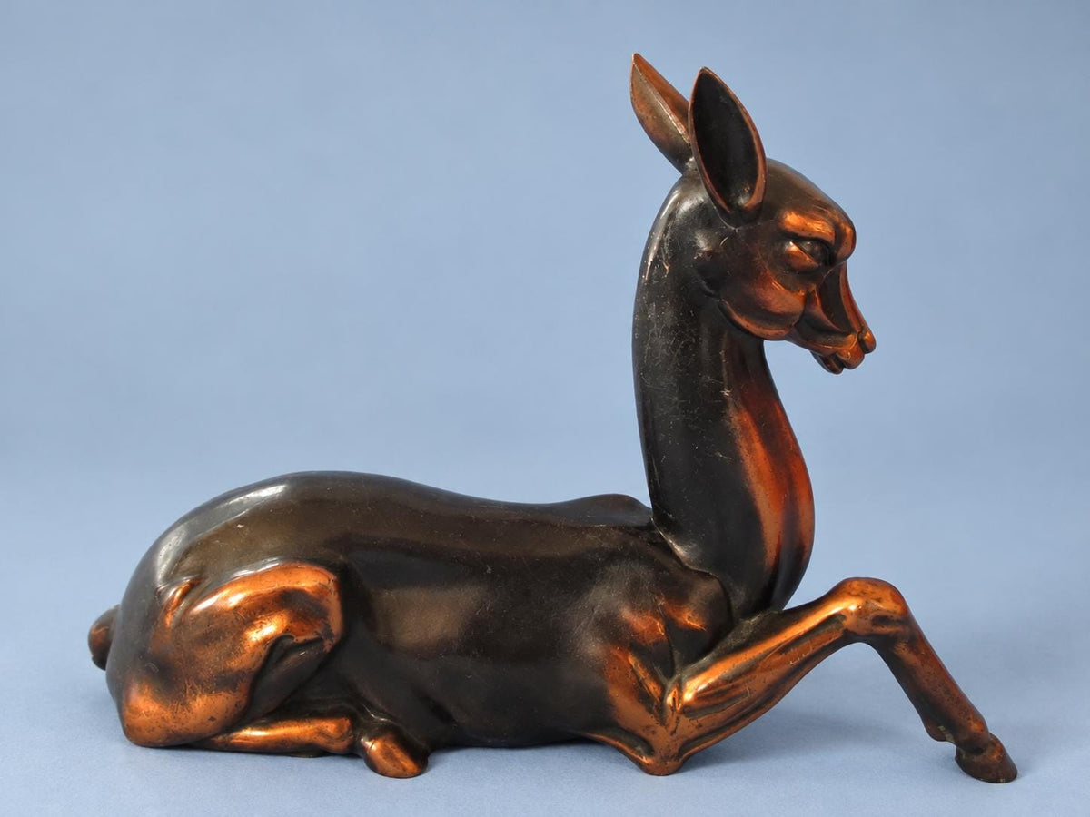 Vintage Art Deco Style Reclining Doe Statuette, Copper-Tone Metal, Stylized Deer Figure, 22 cm