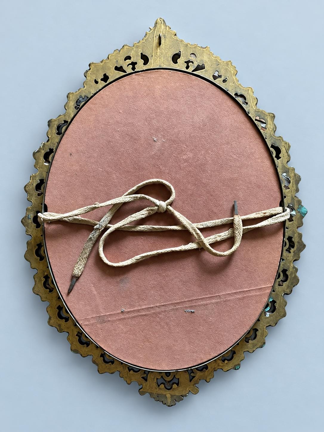 Vintage Oval Wall Mirror with Openwork Scrolled Brass-Tone Frame, Baroque Hollywood Regency Style, 40 × 29 cm